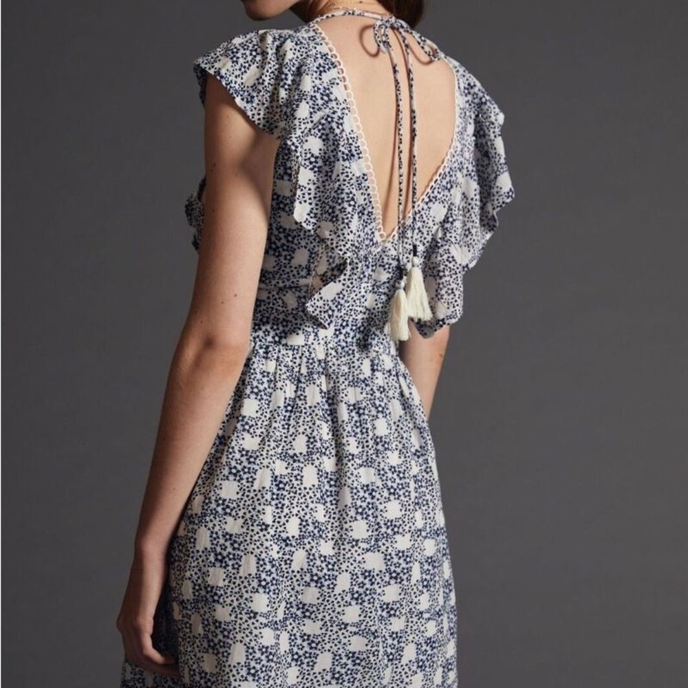 By Anthropologie Ruffled Floral Print Blue and White Mini Sundress Size S